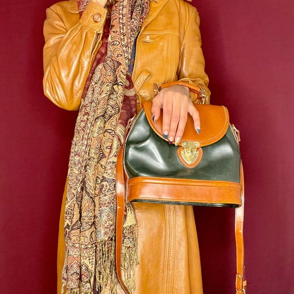 Vintage Forest Green & Brown Leather Crossbody Bag - Picture 3 of 4